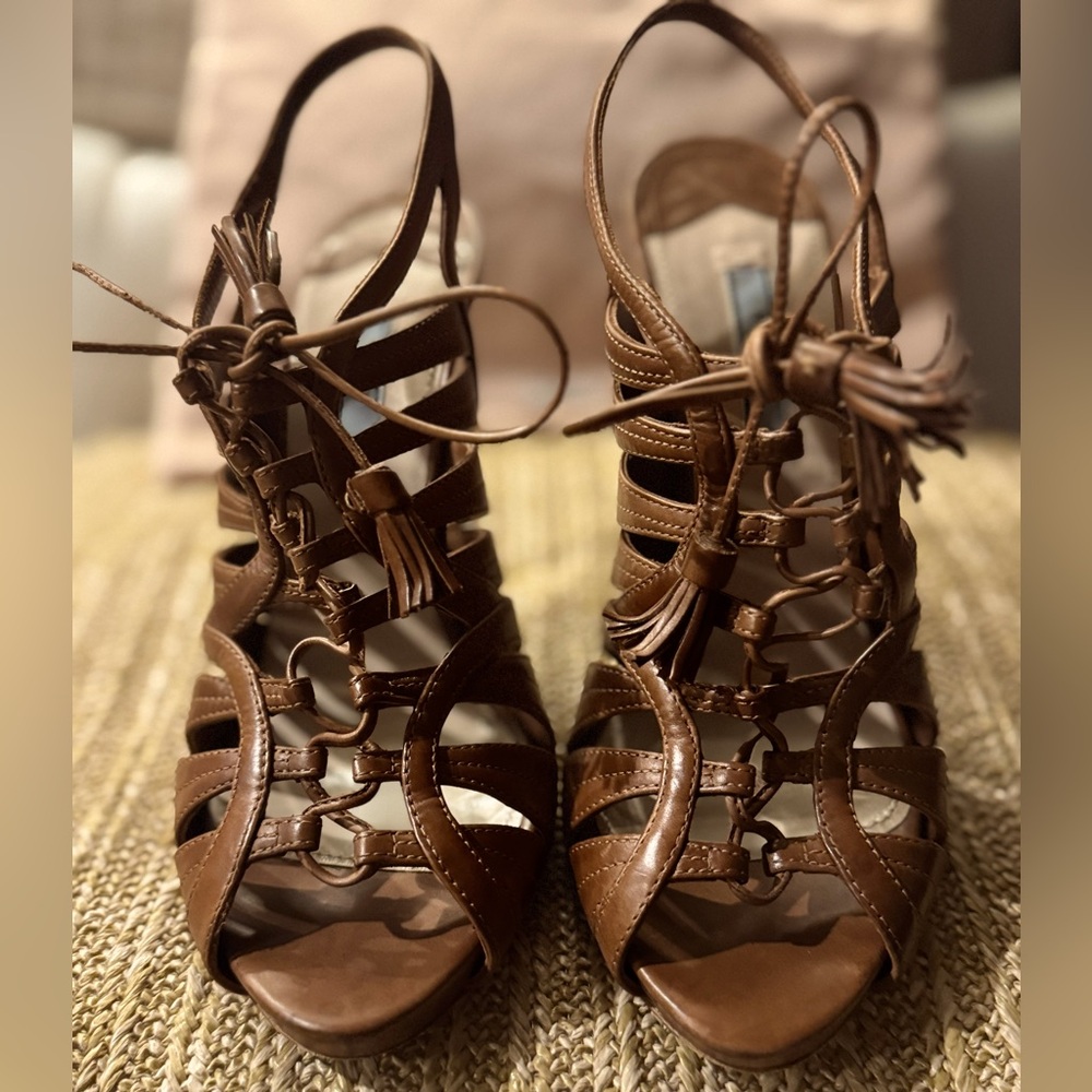 Prada Brown Leather Heeled Gladiator Sandals